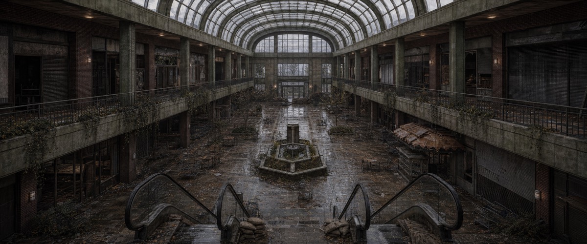The glass-roofed atrium of an abandoned shopping arcade, moss on the fountain, sandbags on the escalator.