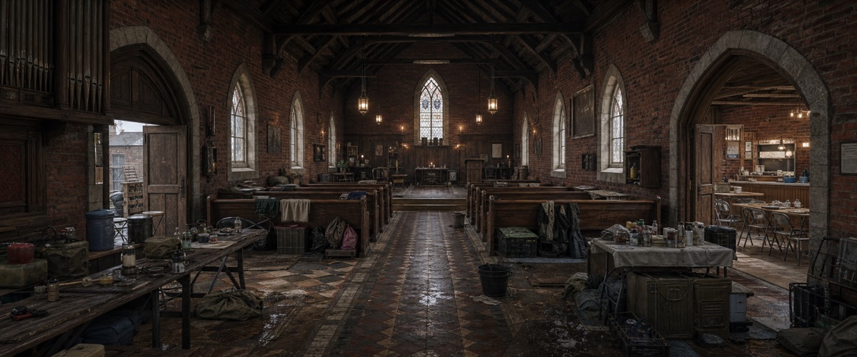 A brick church interior turned shelter: trestle tables, lanterns, bedding between the pews.