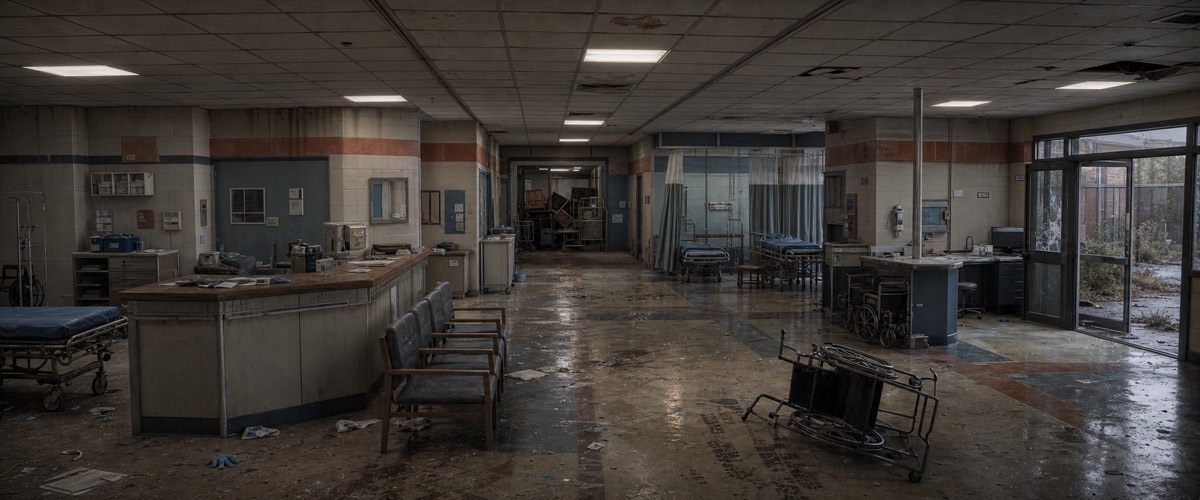 A dim hospital ward, curtains drawn back, beds disturbed.