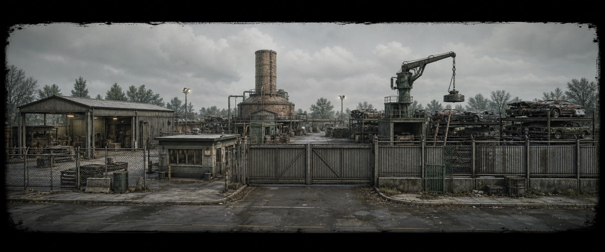 A junkyard of stacked wrecks under a low grey sky, open ground beyond the fence.