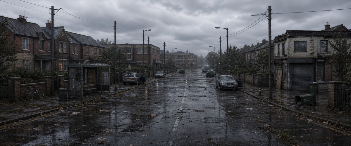 A wet, empty suburban high street under heavy cloud, dead cars at the kerb.