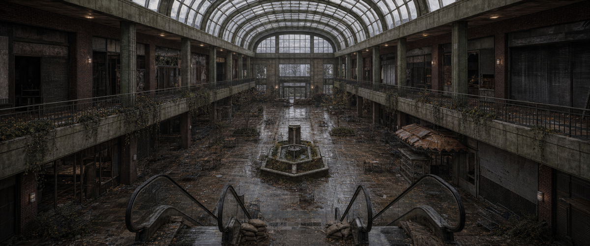 Inside Ellery, a rain-dampened glass-roofed atrium stretches past shuttered shops, dead escalators and an abandoned fountain.